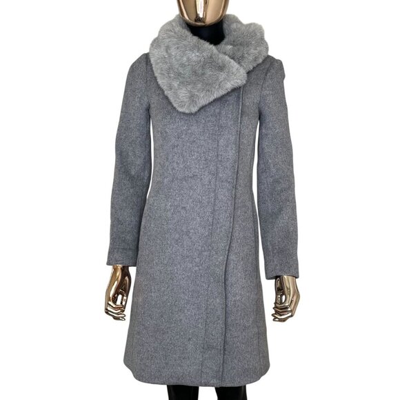 Club Monaco Evangah Wool Coat In Light Charcoal Gray Size XS/TP Faux Fur Collar - Picture 5 of 13